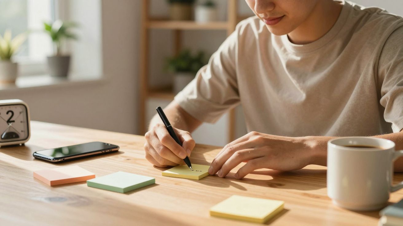 Pessoa a escrever notas em post-its numa mesa com telemóvel, caneca de café e relógio analógico.