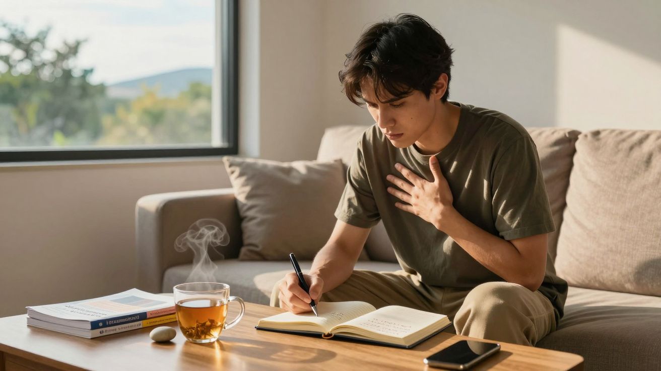 Jovem sentado no sofá a escrever num diário, segurando o peito, com chá quente e livros na mesa.