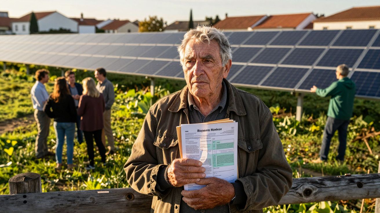 Homem idoso segura papéis diante de painéis solares, com grupo de pessoas ao fundo numa área verde.