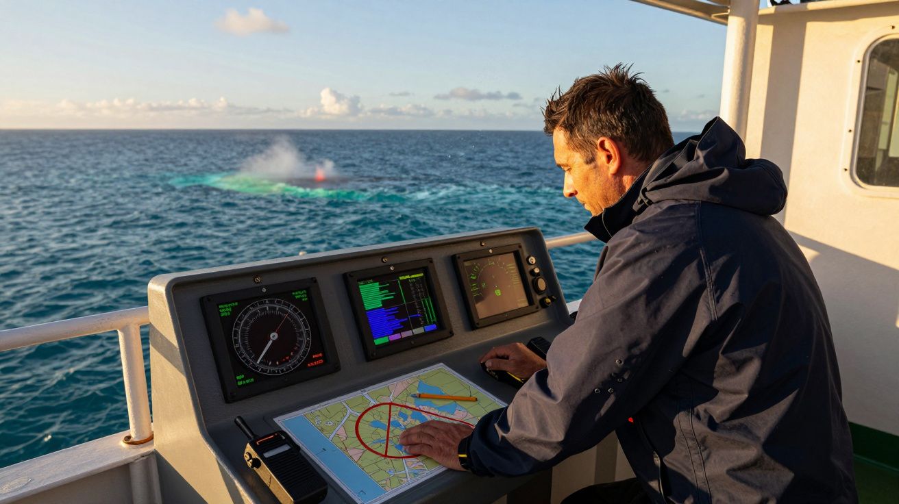 Homem a operar equipamentos de navegação num barco, com o mar e um submarino visível ao fundo.