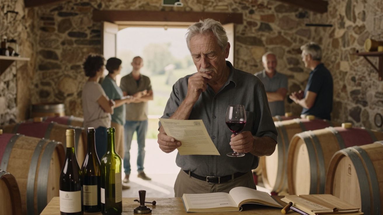 Homem idoso a segurar copo de vinho tinto e a ler documento numa adega com barris e pessoas ao fundo.