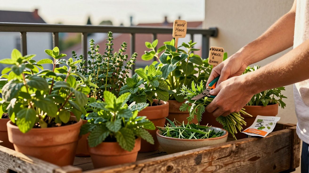 Mãos a cortar ervas aromáticas num conjunto de vasos de terracota numa varanda ensolarada.