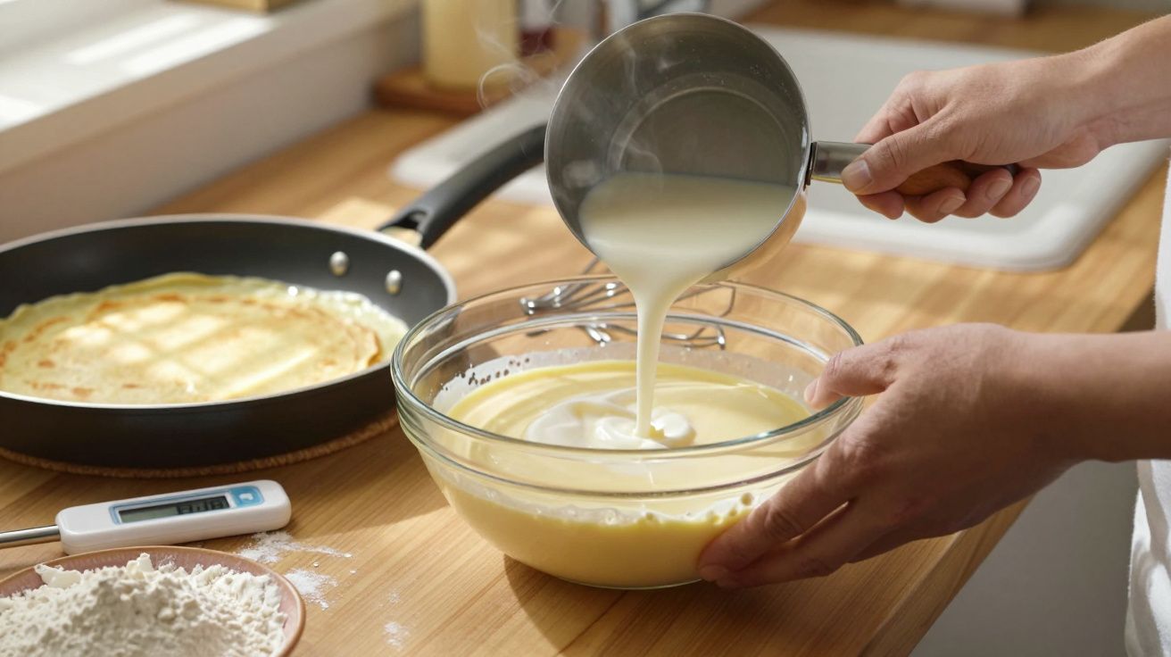 Pessoa a verter massa para panquecas numa tigela de vidro, panela com panqueca a cozer e farinha na bancada.