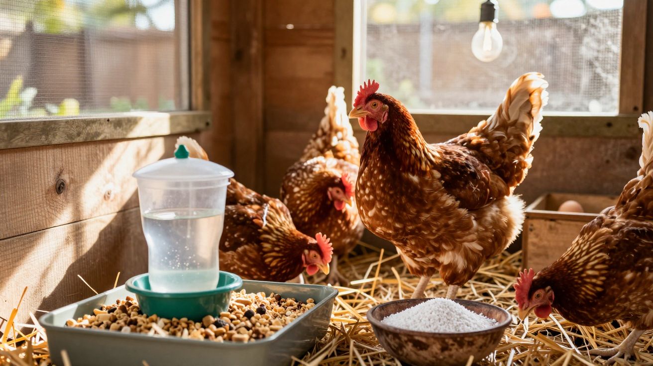 Galinhas castanhas num galinheiro com comedouro, bebedouro e ninho com ovos, sobre palha.