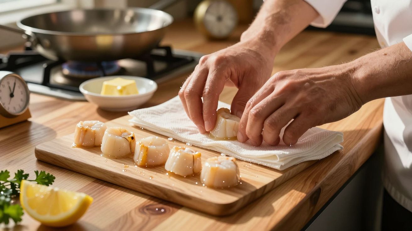 Chef a preparar vieiras frescas sobre uma tábua de madeira numa cozinha iluminada.