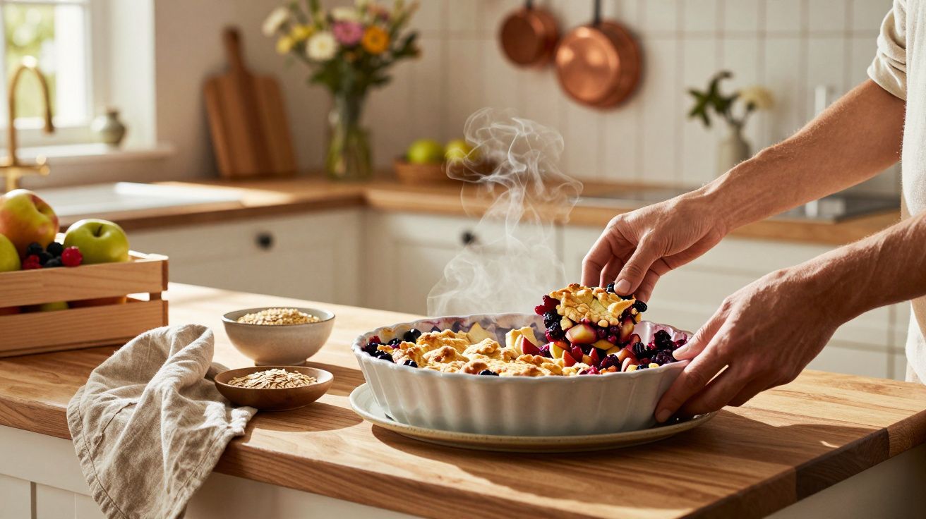 Pessoas a servir uma tarte quente de frutas vermelhas numa cozinha acolhedora com frutas e aveia na bancada.