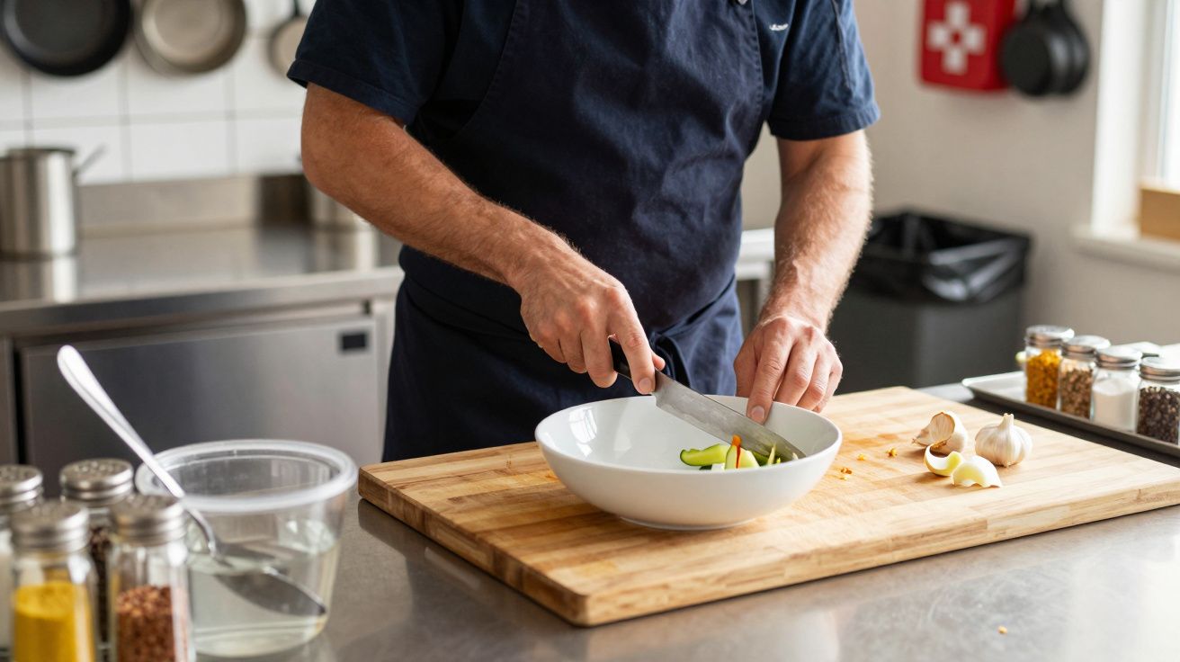 Pessoa a preparar legumes numa cozinha profissional com tábuas de madeira e temperos variados.