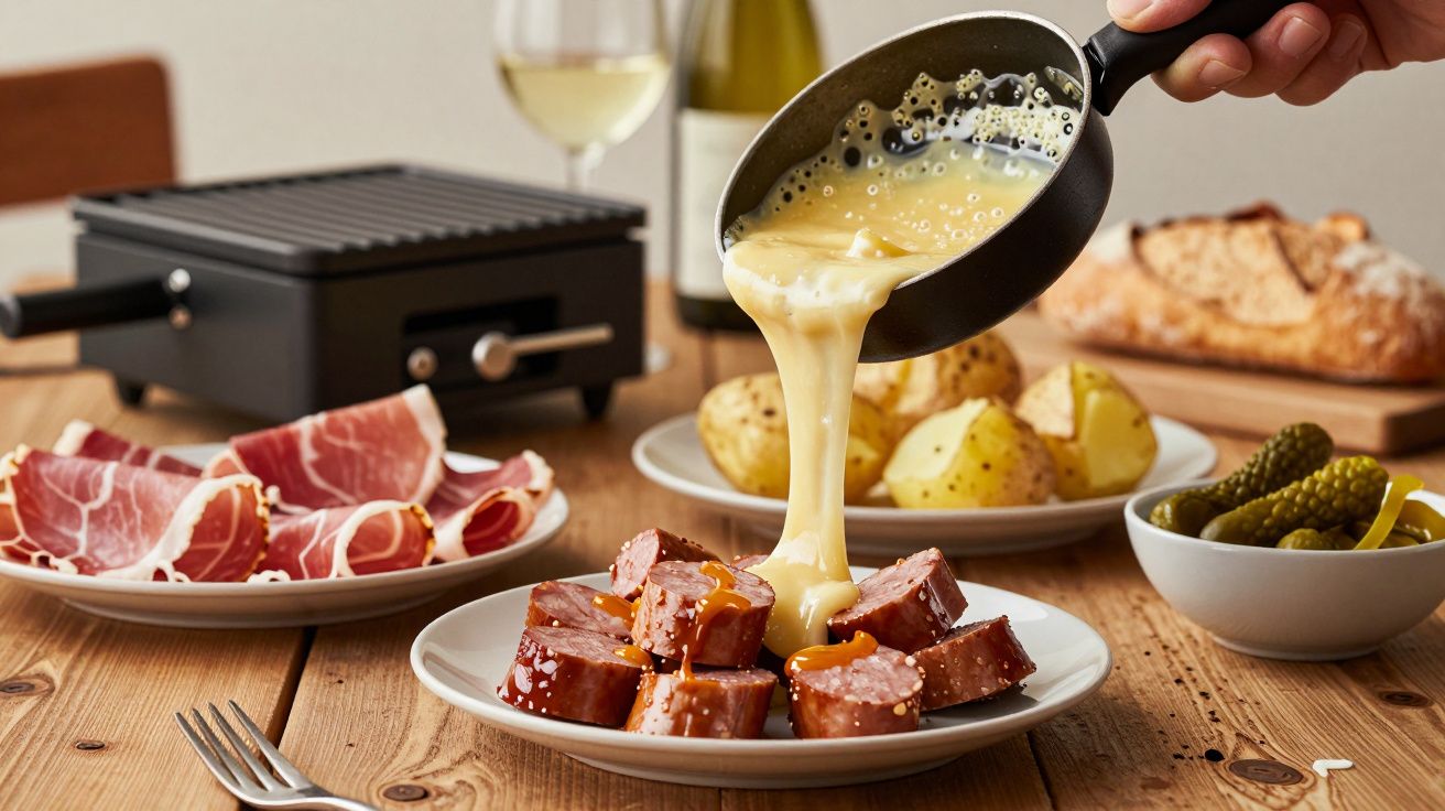 Molho de queijo a ser derramado sobre salsichas num prato com batatas, presunto e pão numa mesa de madeira.
