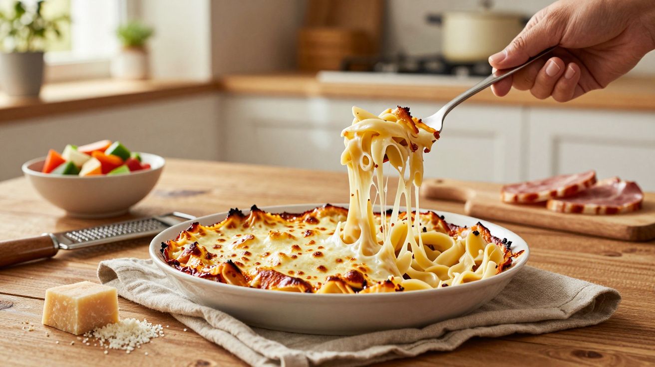 Mão a levantar garfo com massa gratinada e queijo elástico num prato branco sobre mesa de madeira.