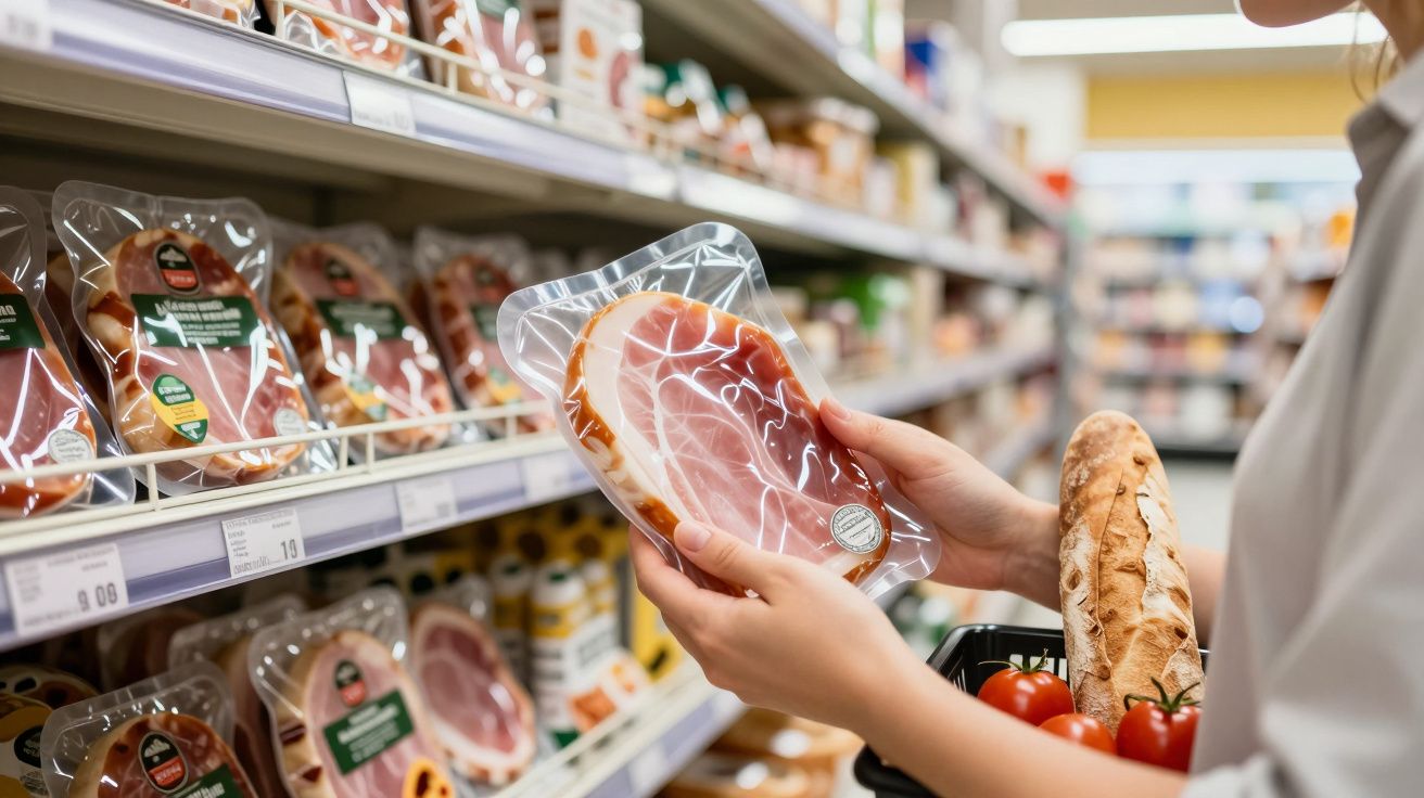 Pessoa a segurar fiambre embalado numa prateleira de supermercado, com cesto contendo pão e tomates.