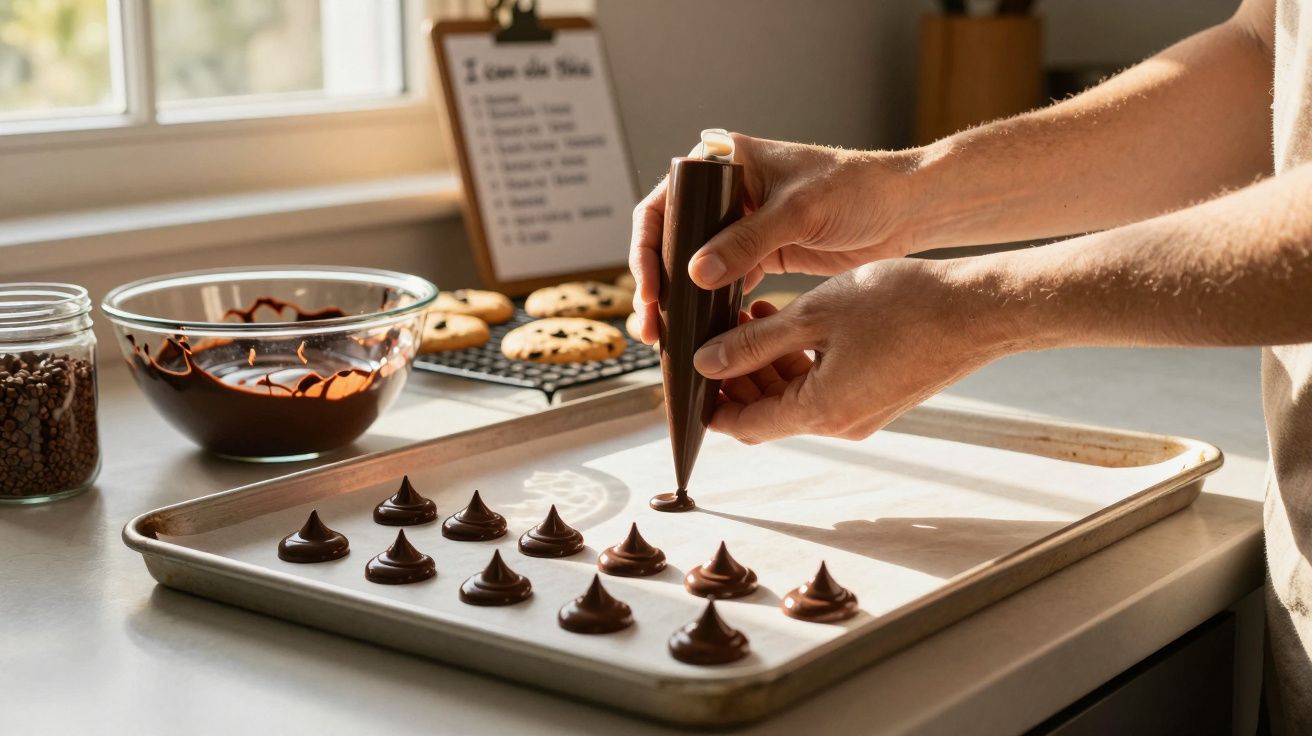 Mãos a formar gotas de chocolate num tabuleiro com bolachas e chocolate derretido ao fundo na cozinha.