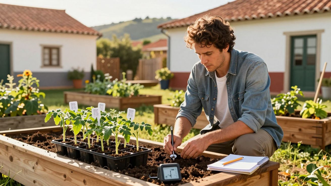 Homem adulto a registar dados num caderno junto a jovens plantas num jardim elevado numa área rural.
