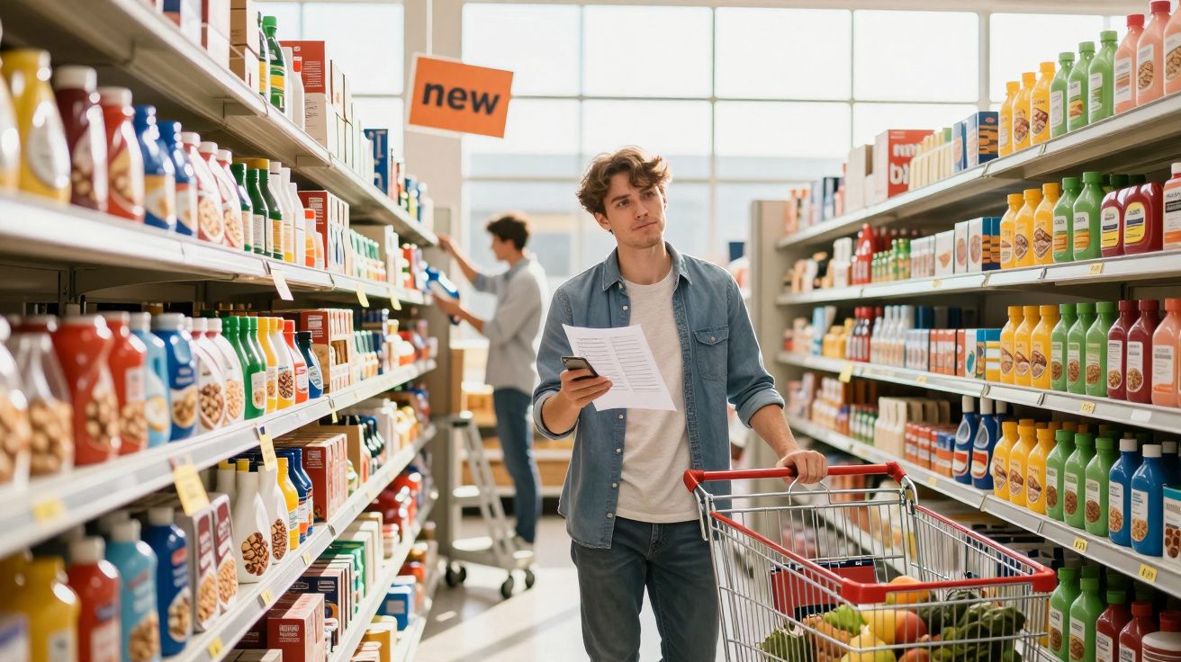 Homem a fazer compras no supermercado, empurrando carrinho cheio de frutas e a consultar lista.