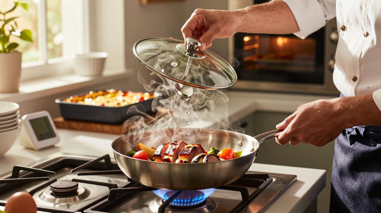 Pessoa a levantar a tampa de frigideira com legumes e carne a cozinhar numa cozinha moderna.