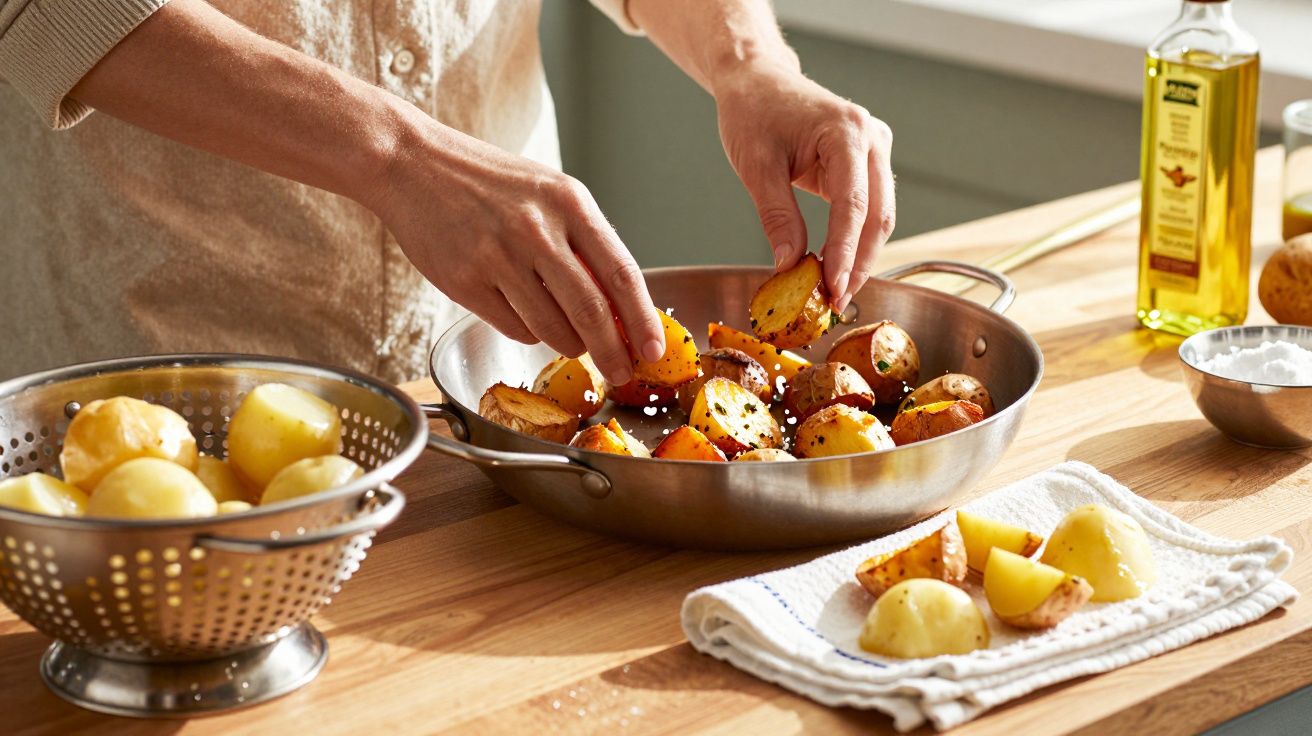Mãos a temperar batatas assadas numa frigideira de inox sobre bancada de madeira com azeite e sal.