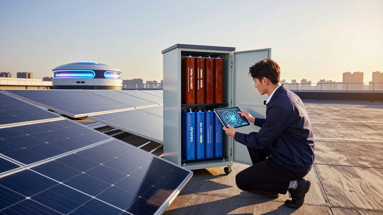 Homem põe a mostrar ecrã de tablet junto a painel solar e armário aberto com baterias num telhado ao pôr do sol.