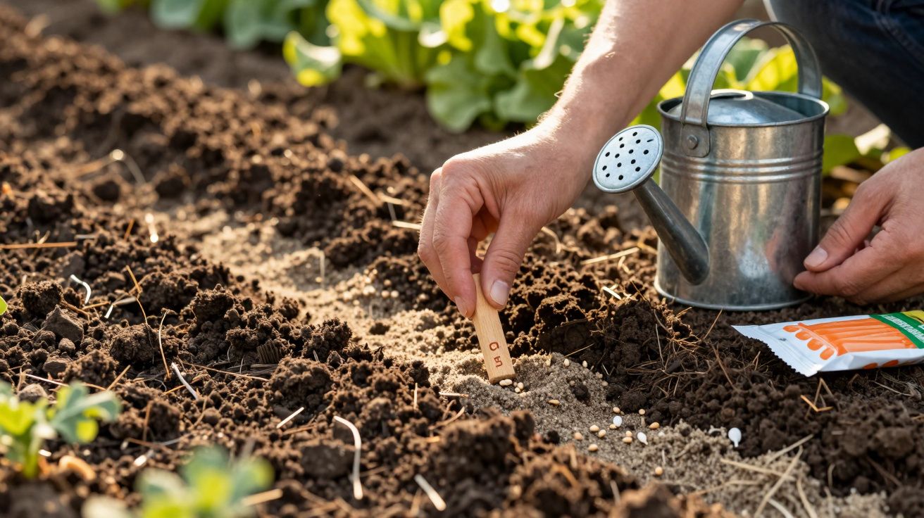 Mãos a plantar sementes no solo marcado com um marcador de madeira, regador metálico ao lado e sementes espalhadas.