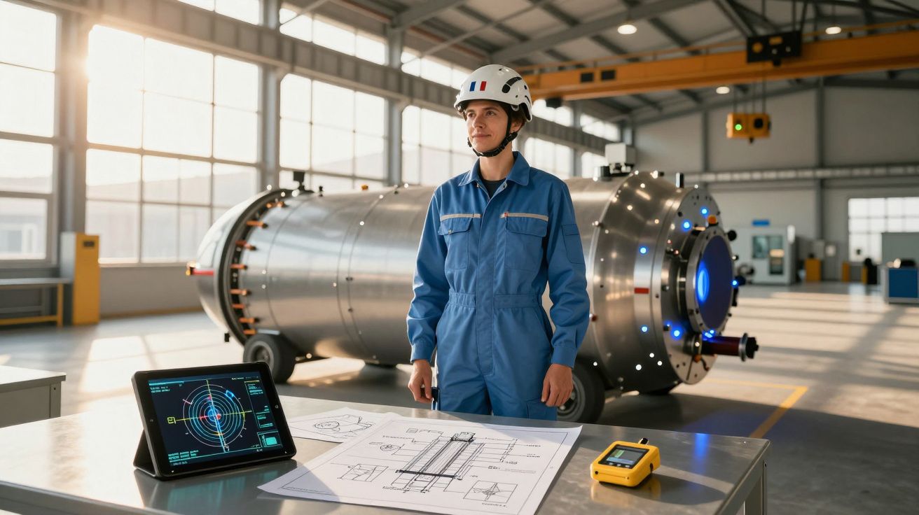Engenheiro em macacão azul e capacete em fábrica com equipamento industrial e desenhos técnicos numa mesa.