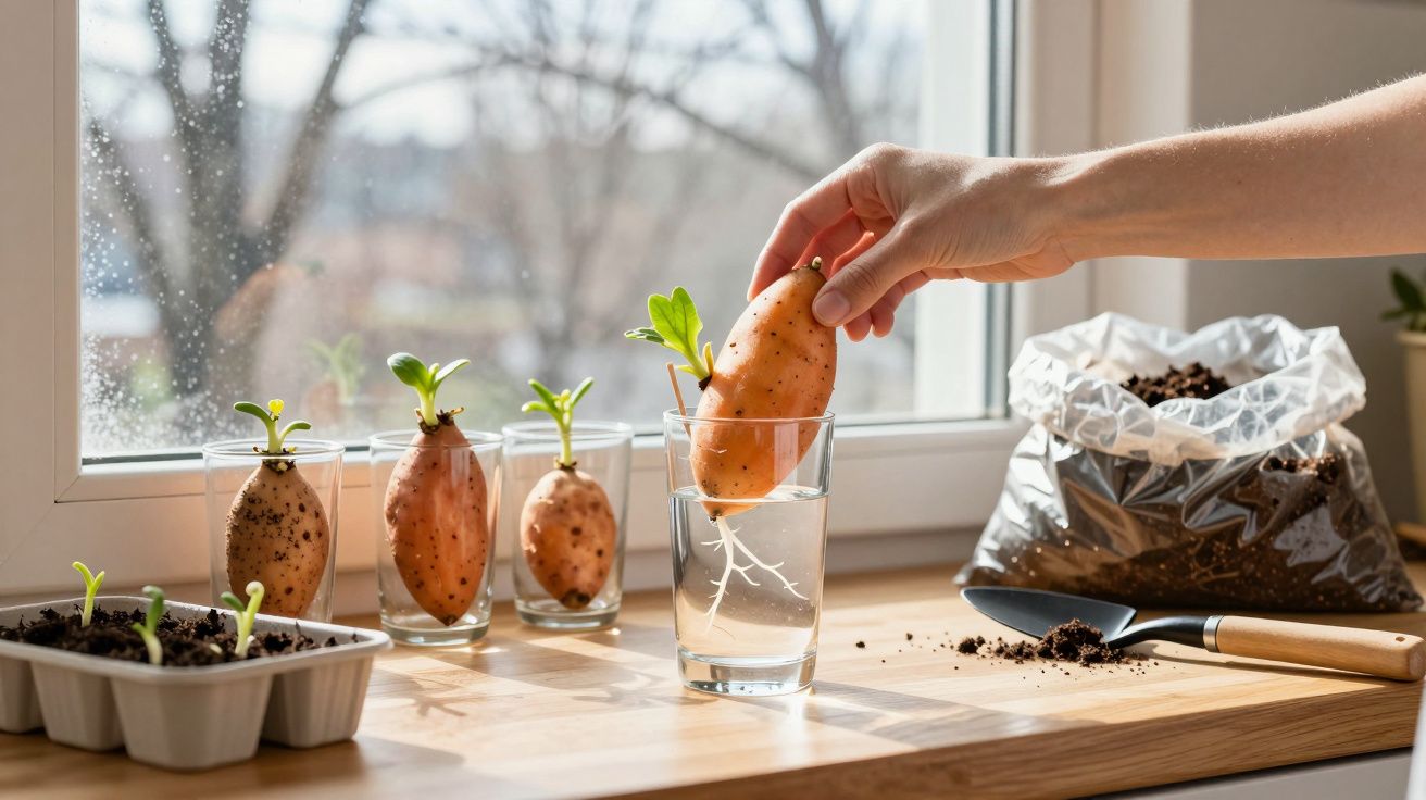 Mãos a colocar batata-doce em copo com água para germinar numa janela com plantas e terra no interior.