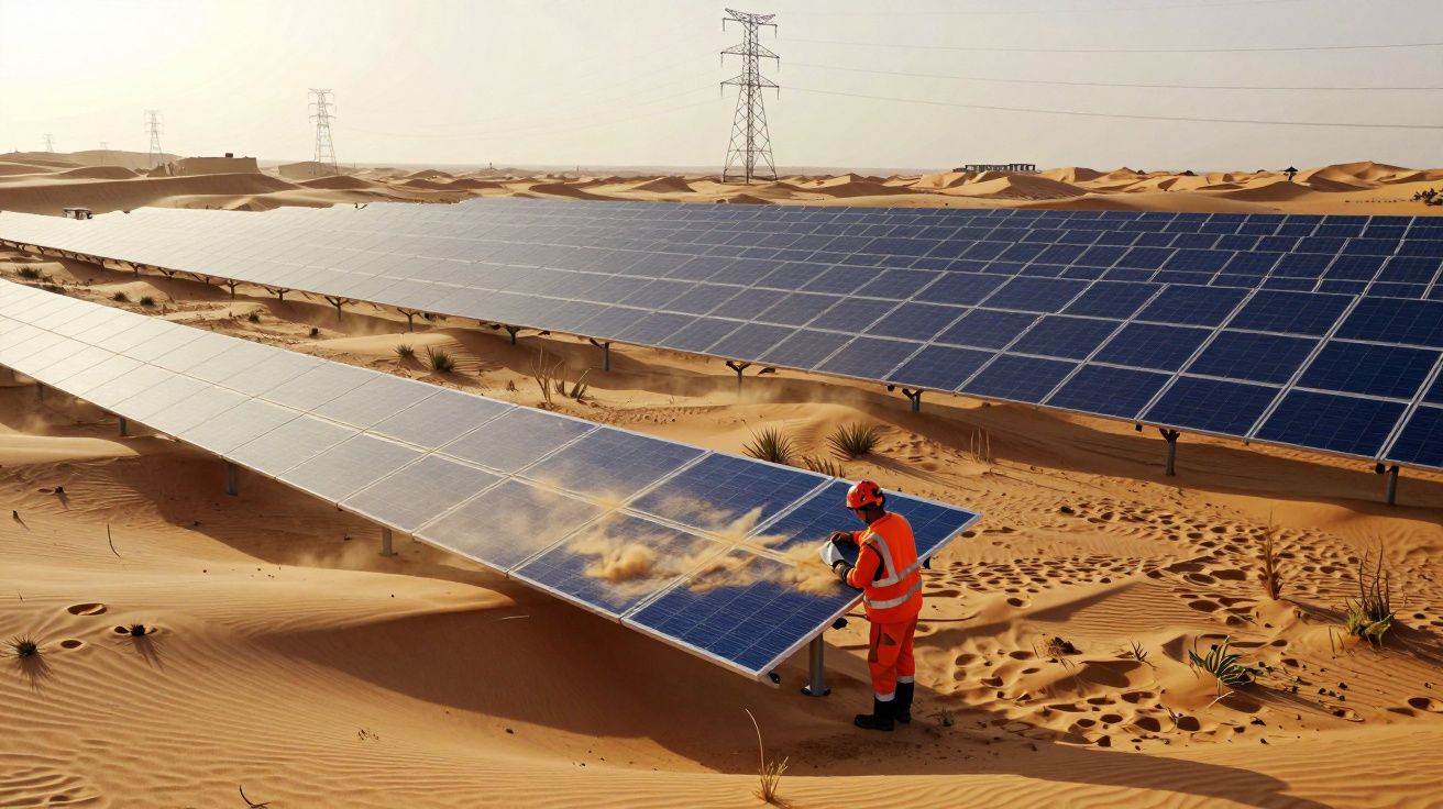Trabalhador a limpar painéis solares numa zona desértica com areia e torres elétricas ao fundo.