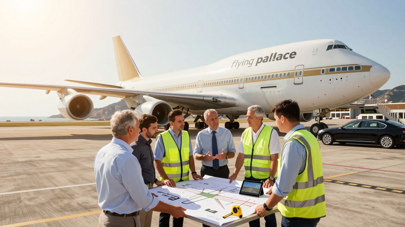 Grupo de seis engenheiros em reunião junto a planta no aeroporto com avião atrás.