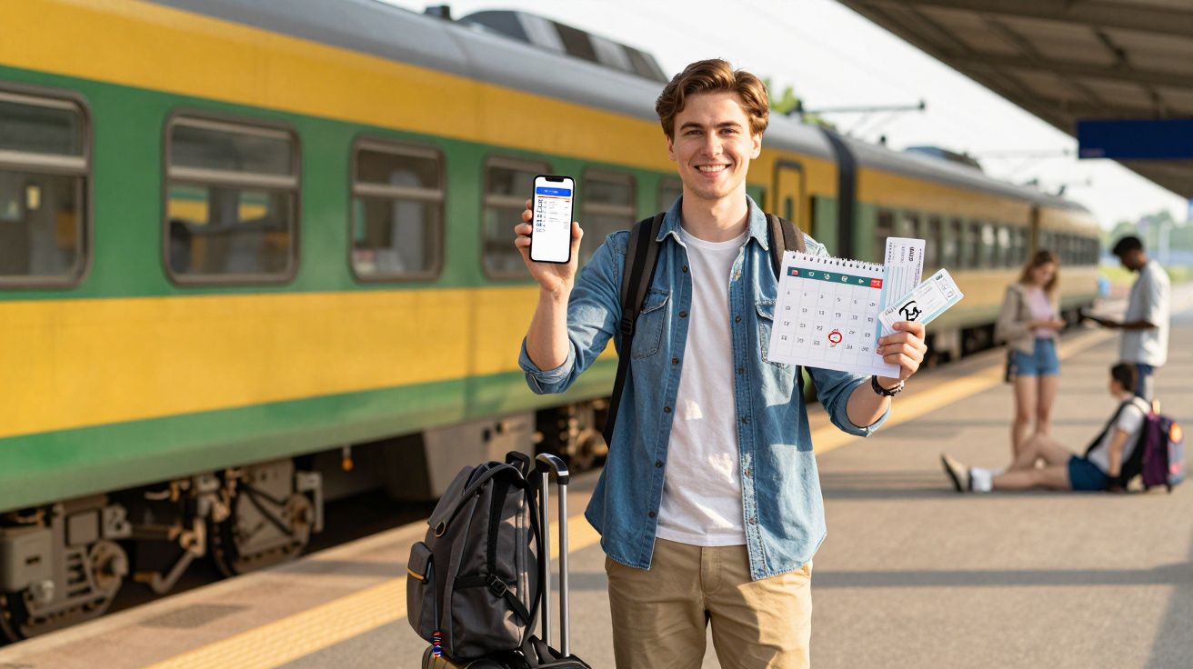 Jovem sorridente numa estação de comboios, segurando telemóvel com bilhete digital, calendário e bilhetes de papel.