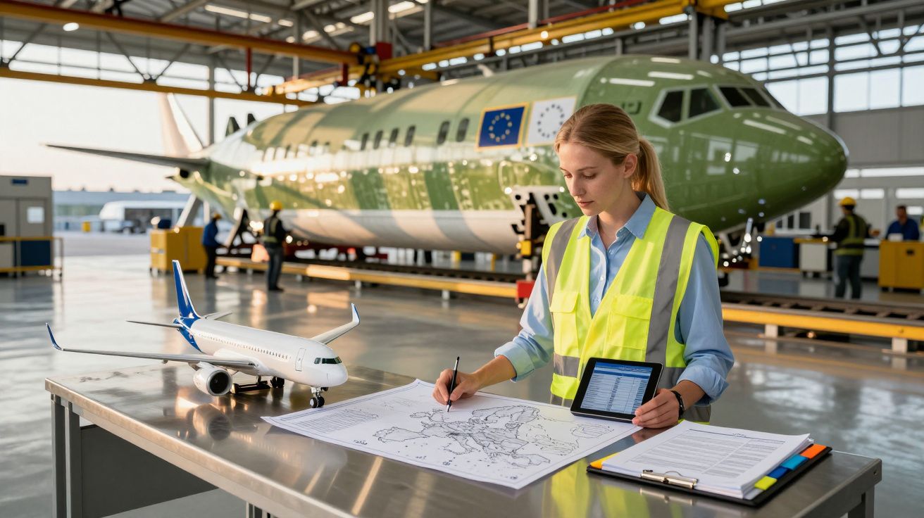 Engenheira aeronáutica a analisar mapas e planos junto a modelo de avião e fuselagem num hangar de manutenção.