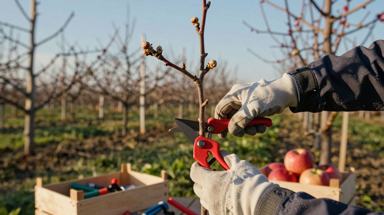 Mãos com luvas podando ramo de árvore jovem num pomar, com caixas de maçãs e ferramentas ao fundo.