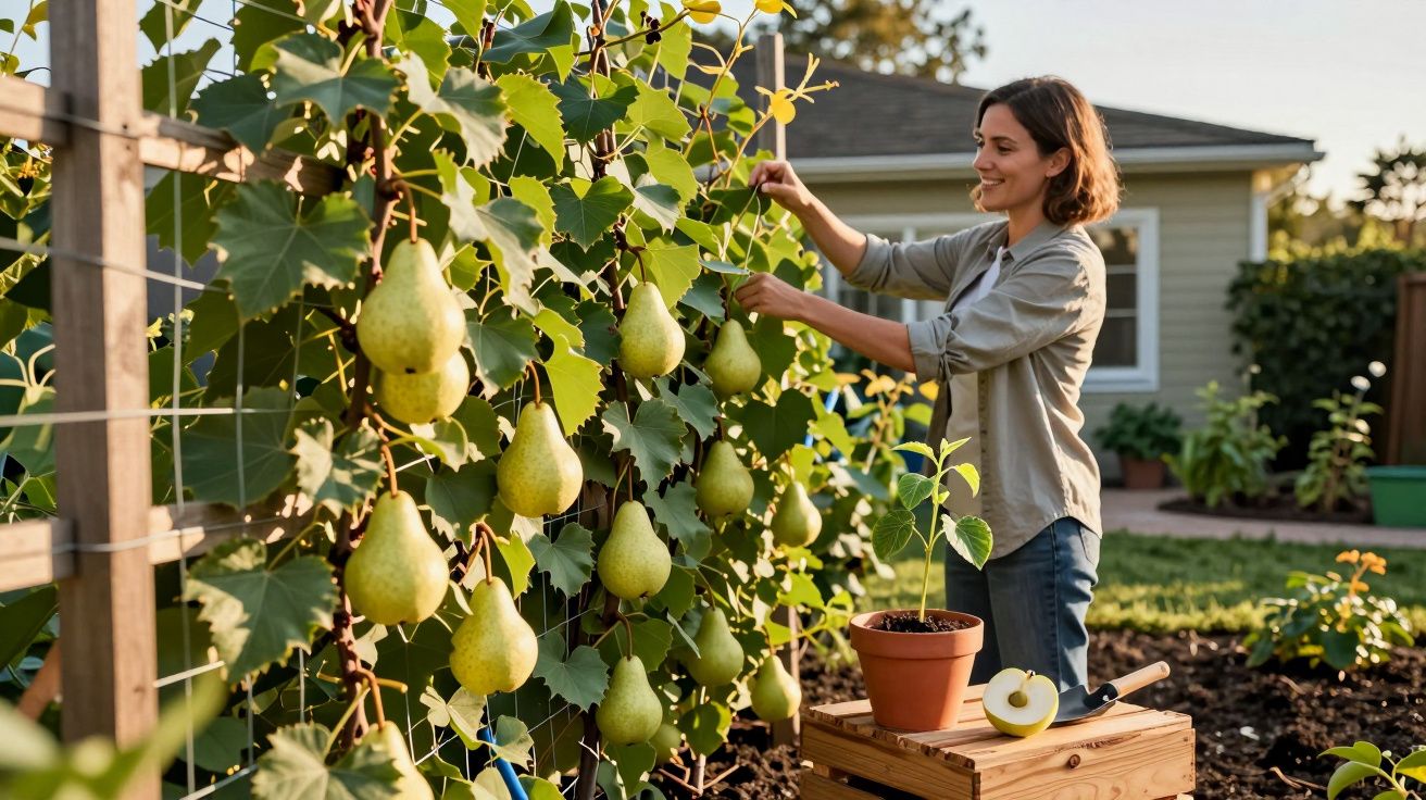 Mulher colhe pêras num pomar caseiro ao entardecer, ao lado de vaso com planta jovem e casa ao fundo.