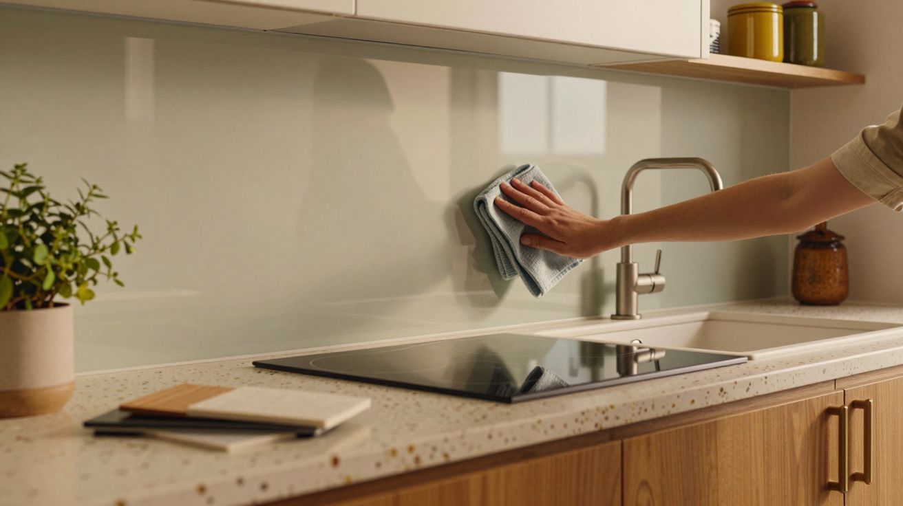 Pessoa a limpar a parede da cozinha ao lado do fogão e da torneira, com bancada clara e armários de madeira.