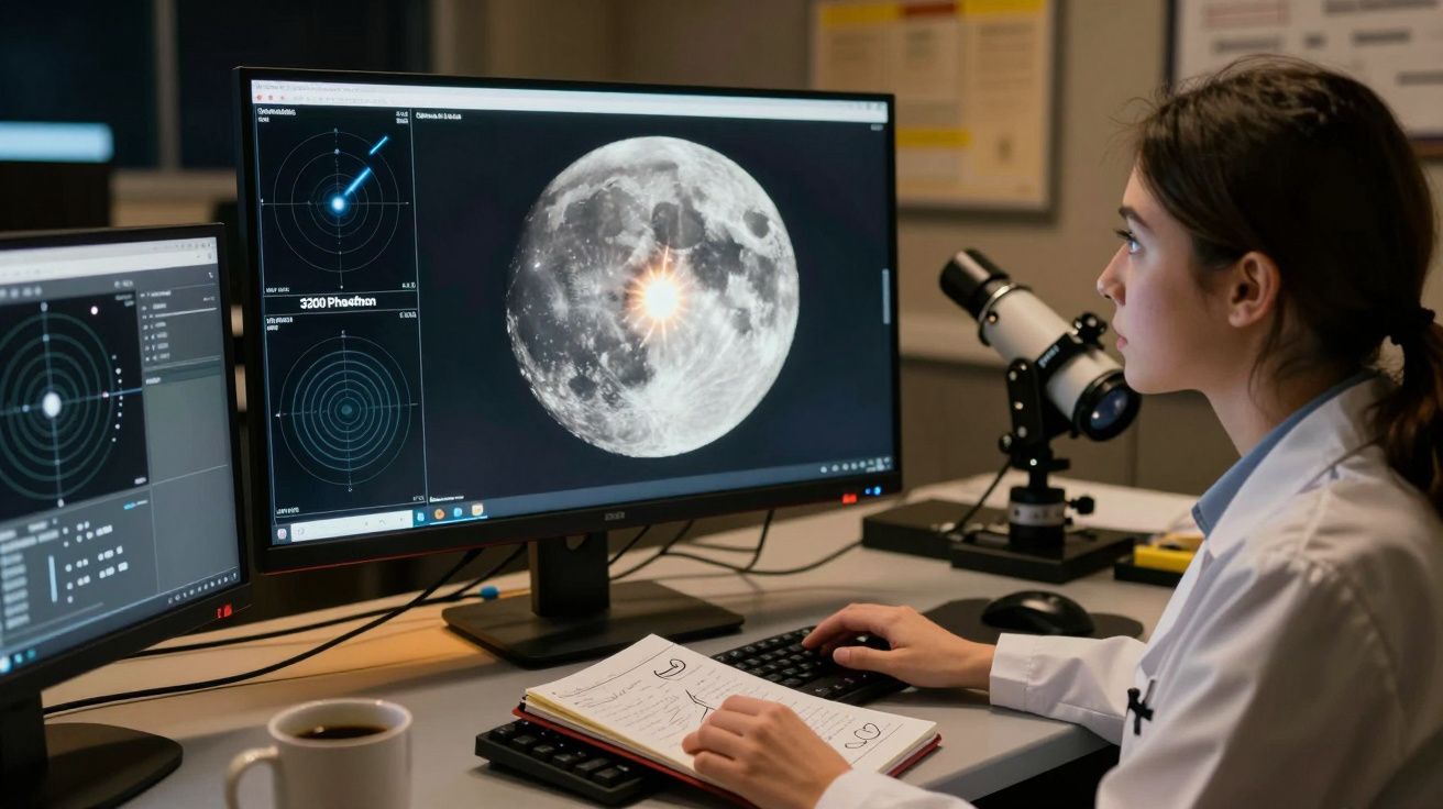 Mulher cientista analisa imagens da Lua em computadores com telescópio e notas na secretária.
