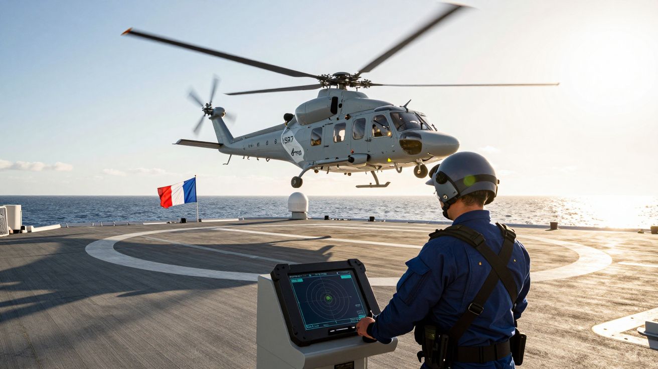 Homem em farda e capacete opera radar enquanto helicóptero branco descola do convés de um navio no mar.
