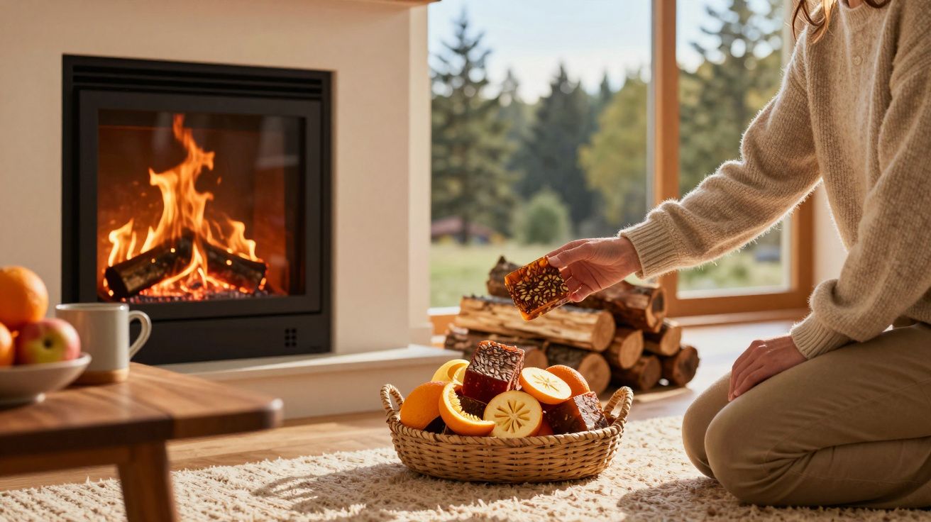Pessoa em casaco bege a pegar bolo numa cesta com frutas e bolos, junto a lareira acesa numa sala acolhedora.