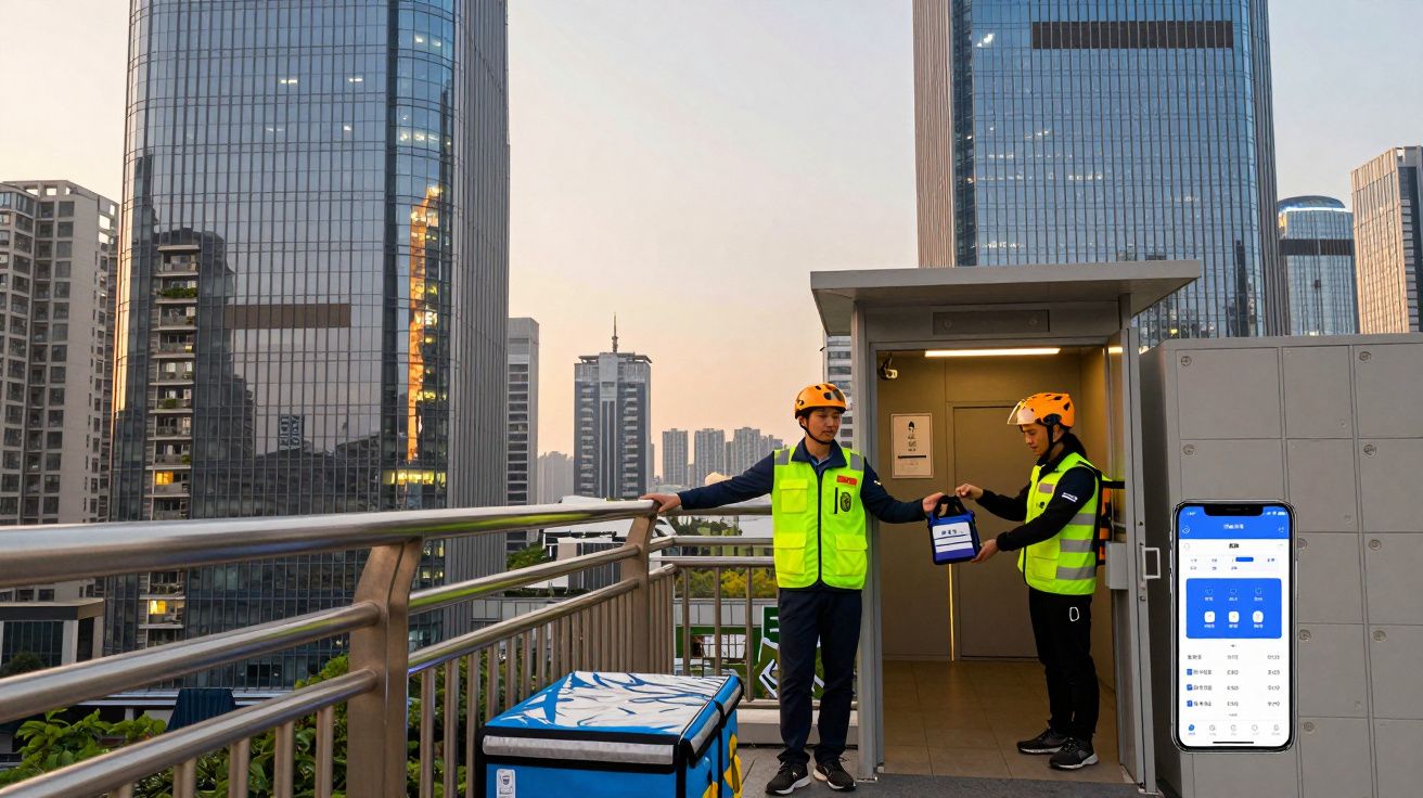 Dois trabalhadores com coletes amarelos e capacetes laranja entregam uma encomenda num ambiente urbano moderno.
