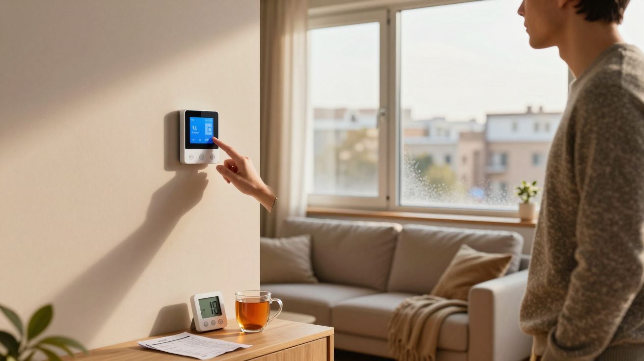 Pessoa ajusta termóstato digital na parede de uma sala com sofá e janela ao fundo.