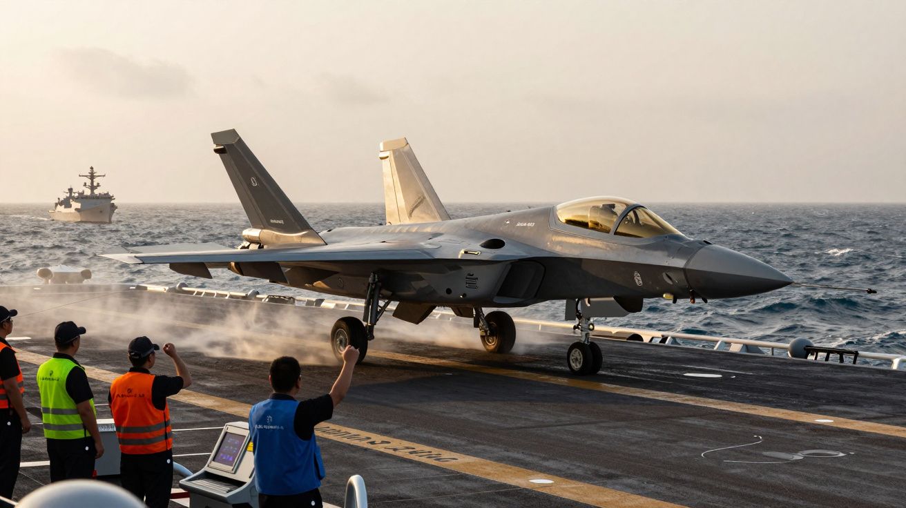 Caça militar a descolar de um porta-aviões, com mar e navio ao fundo e equipa de controlo na pista.