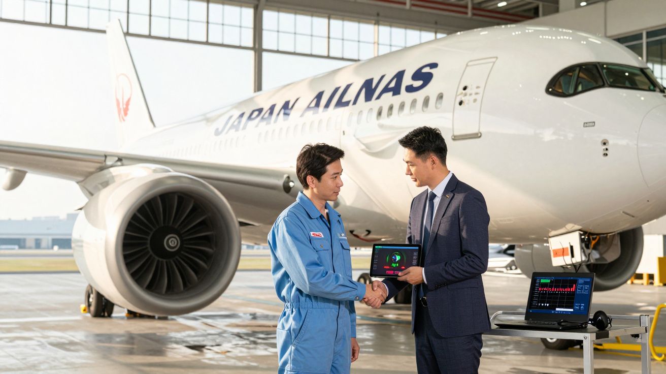 Dois homens a cumprimentar-se junto a um avião da Japan Airlines no hangar de manutenção.