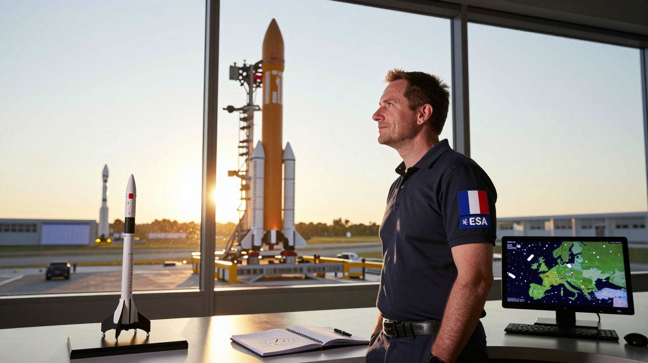 Homem com camisa da ESA observa foguetão ao pôr do sol, com modelos e computador num escritório.