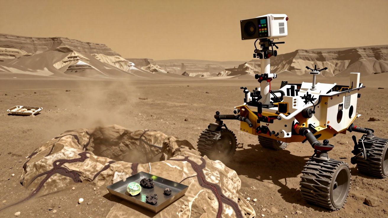 Rover explorador na superfície marciana próximo de pedra escavada e amostras geológicas em bandeja metálica.