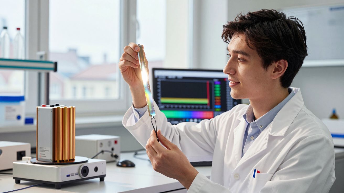 Cientista a analisar fita fina luminosa num laboratório moderno com equipamentos eletrónicos ao fundo.