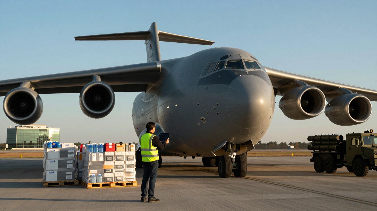 Homem com colete refletor junto a avião militar carregado com paletes de suprimentos no aeroporto ao pôr do sol.