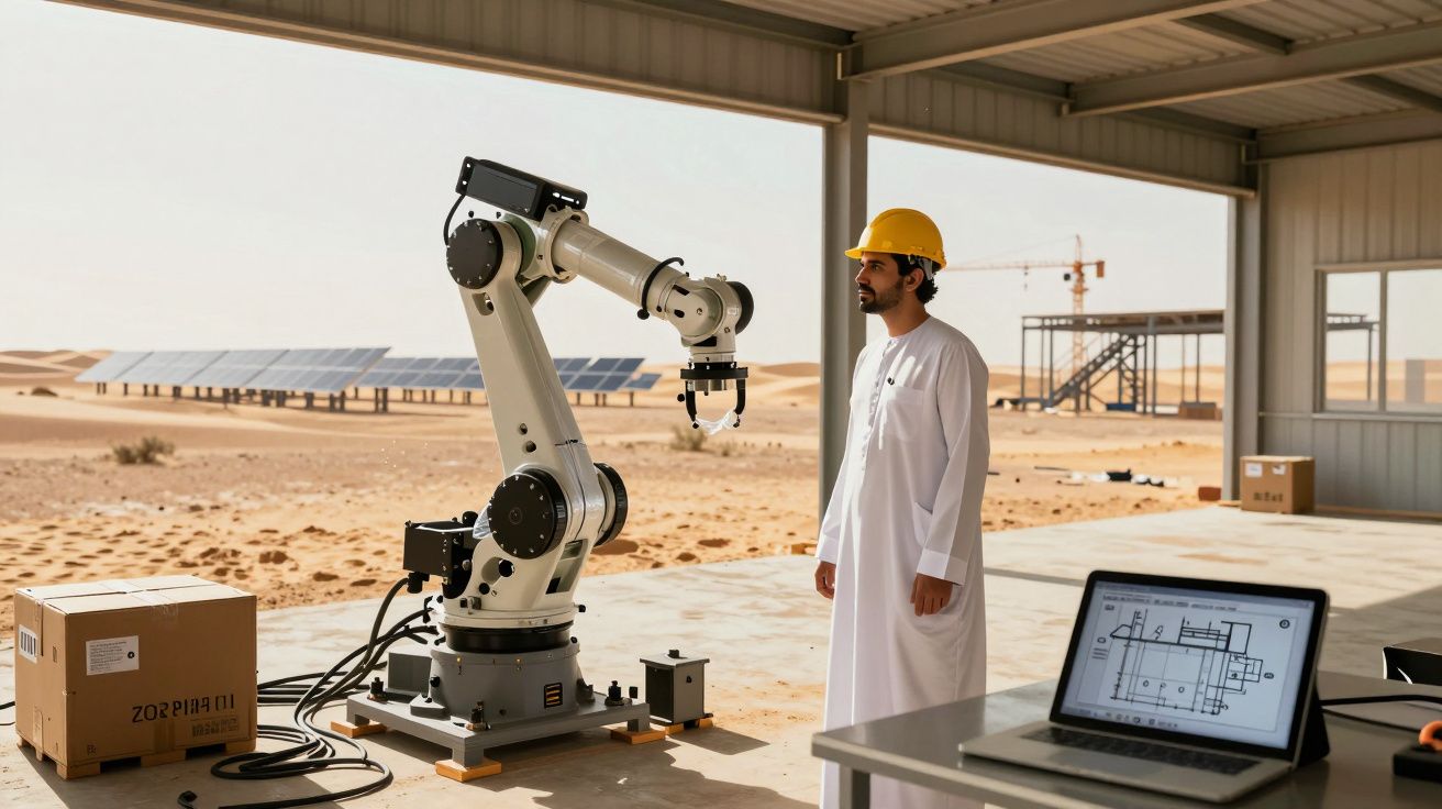 Homem com capacete amarelo observa braço robótico numa estrutura aberta no deserto com painéis solares ao fundo.