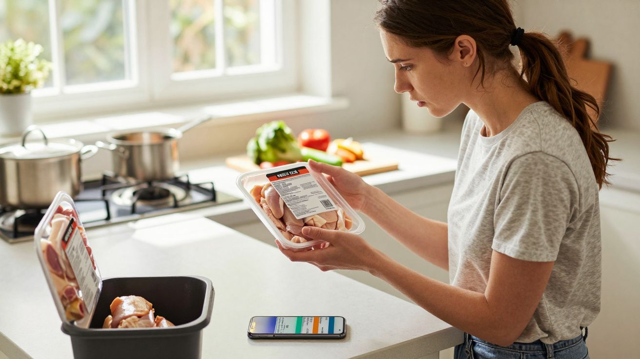 Mulher a ler o rótulo de embalagem de frango numa cozinha moderna, com legumes e smartphone na bancada.