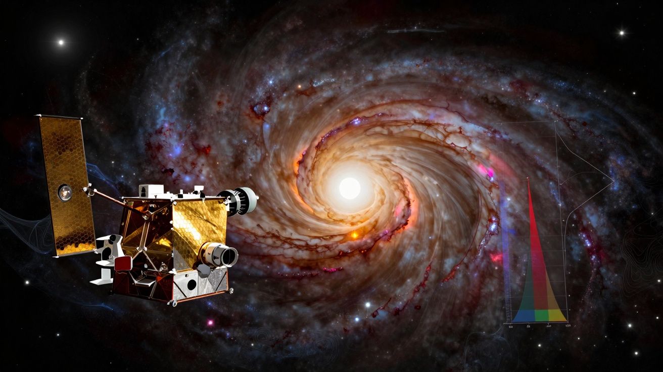 Sonda espacial dourada observa uma galáxia espiral com núcleo brilhante e estrelas ao fundo.