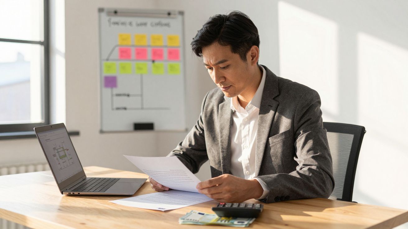 Homem sério a analisar documentos sentado à secretária com portátil e calculadora numa sala iluminada.