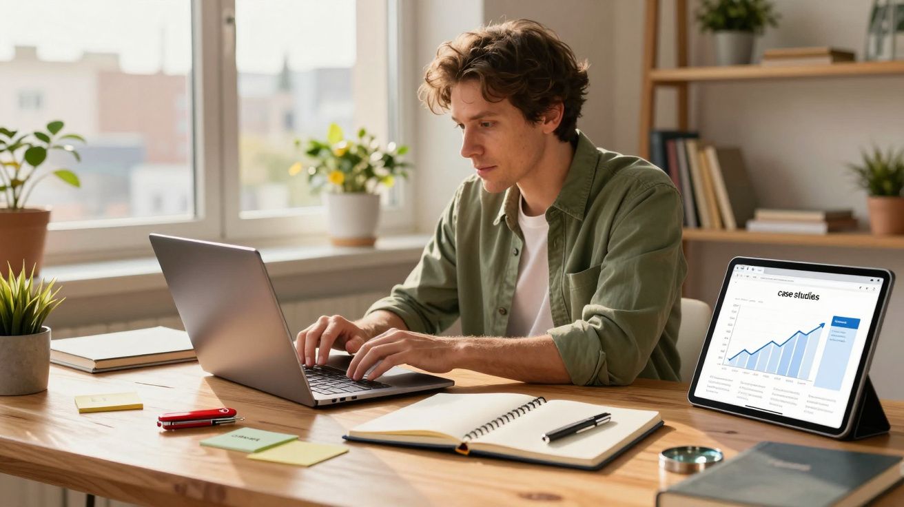 Homem a trabalhar num computador portátil numa secretária com um tablet a mostrar gráficos de crescimento.
