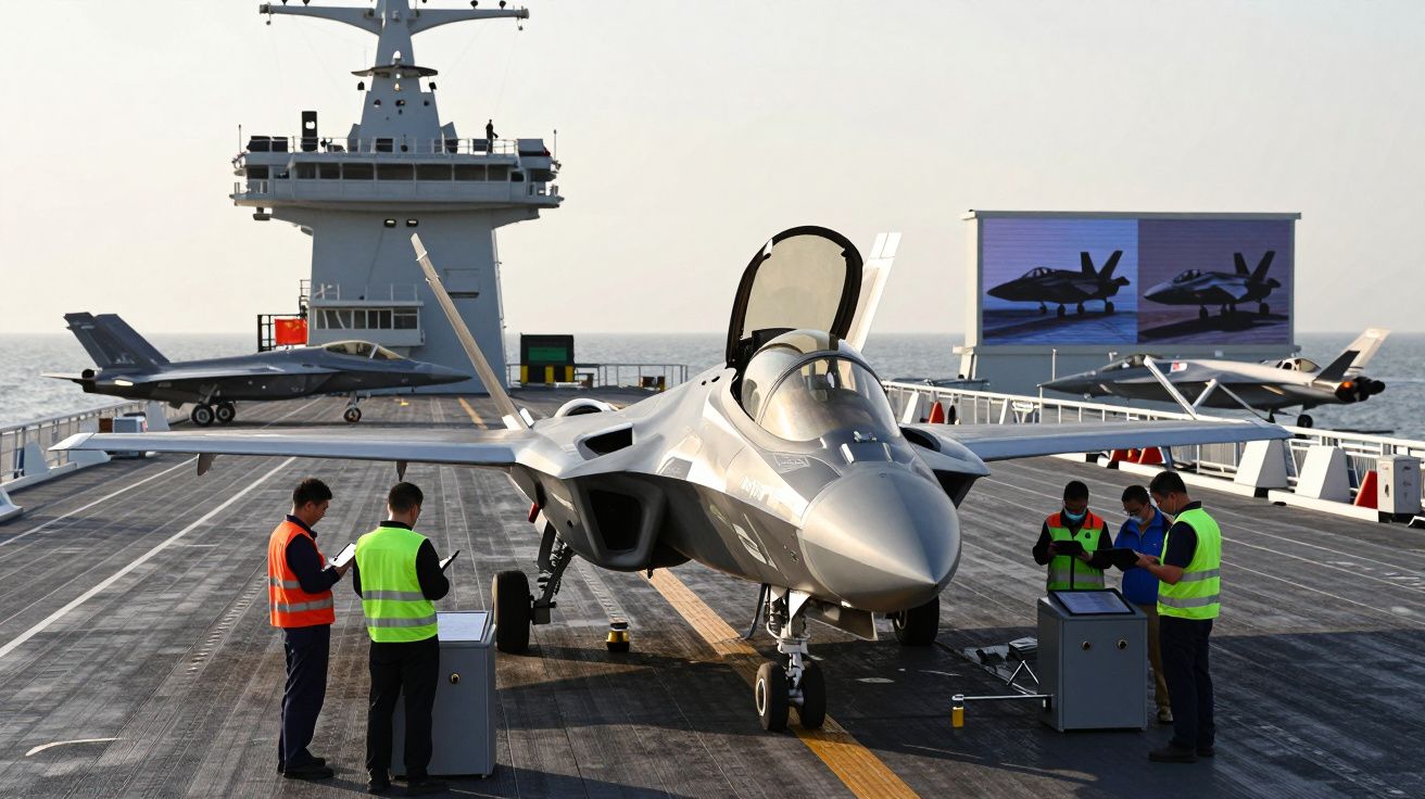 Caça furtivo estacionado no convés de um porta-aviões com quatro militares a seu lado e outro caça ao fundo.