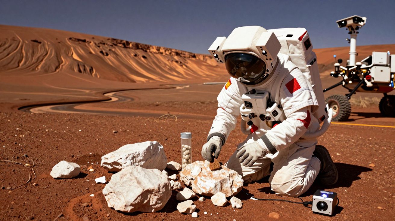 Astronauta em fato espacial a recolher amostras de rochas num terreno árido avermelhado, com rover ao fundo.