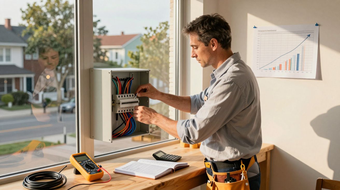 Homem a trabalhar numa caixa elétrica junto a uma janela, com ferramentas e equipamentos numa bancada.