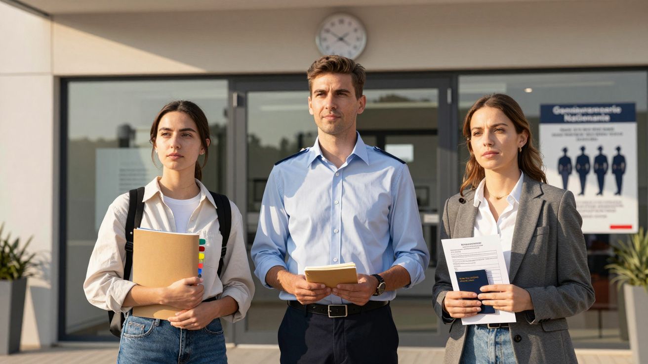 Três jovens profissionais em frente a um edifício, segurando documentos e olhando em direção à frente.